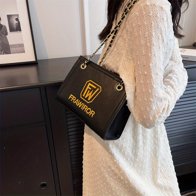 レターパターン スクエア ショルダーバッグ｜PUレザー ファスナー付き スリングバッグ｜大容量 カジュアル クロスボディバッグ