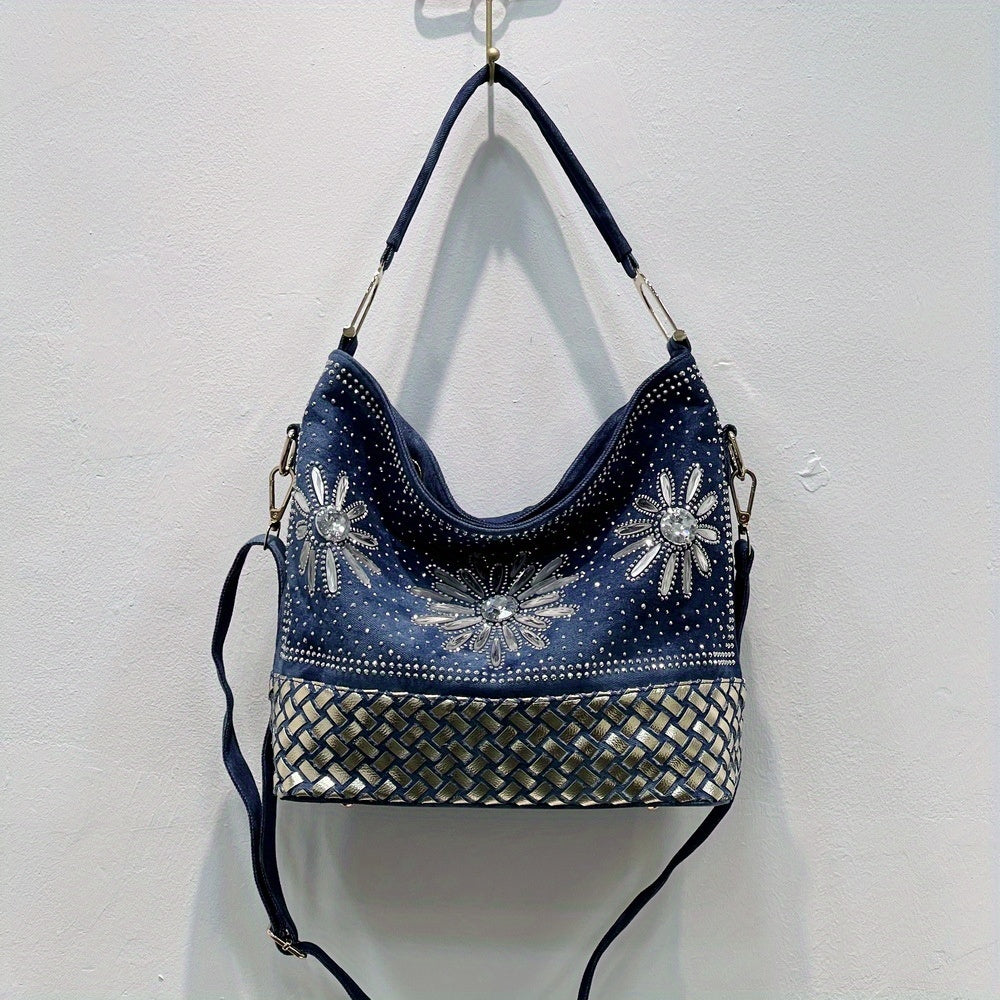 フラワー柄 ラインストーン装飾 ショルダーバッグ｜トレンド デニム クロスボディバッグ｜オールマッチ レディースバッグ