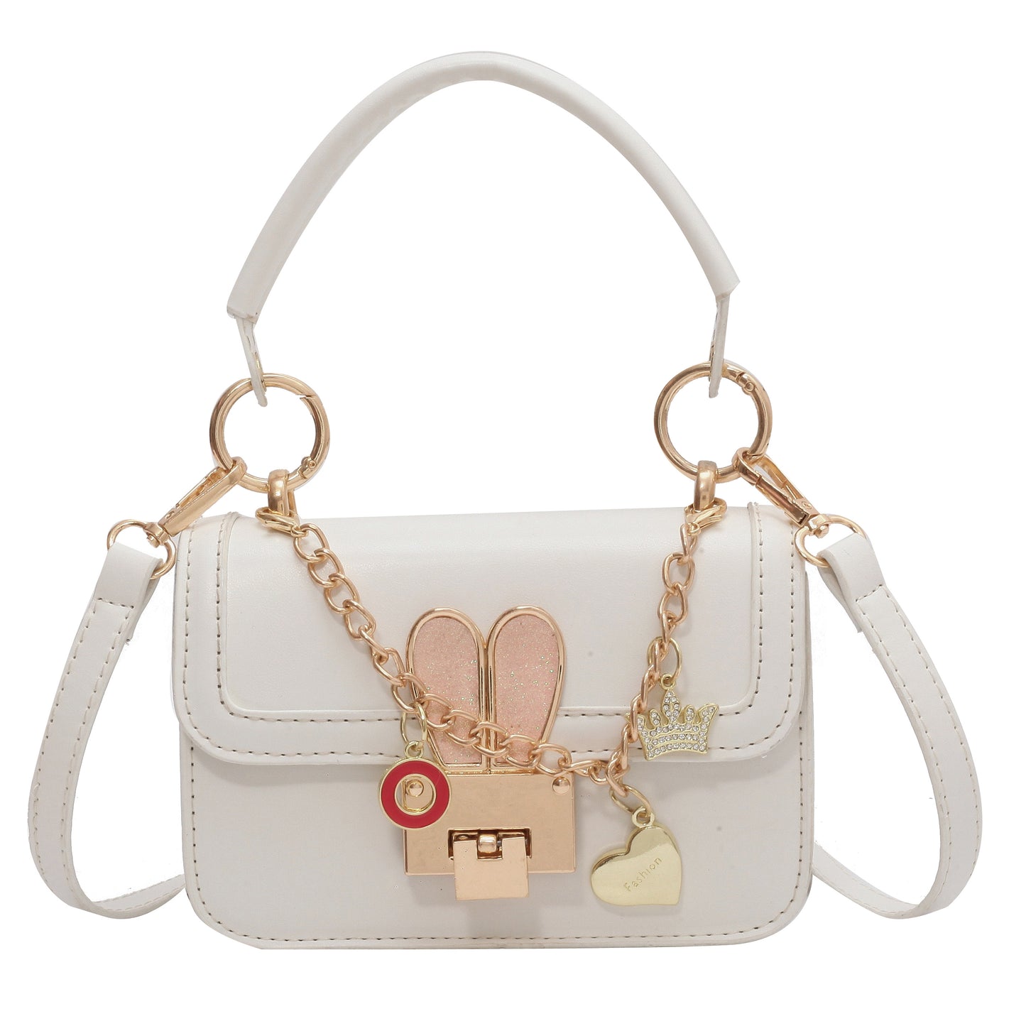 ミニ Y2K クロスボディバッグ｜メタル バニー装飾 ハンドバッグ｜ハートチェーン フラップ スクエア パース レディース