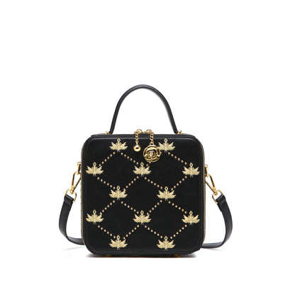 スタッズ ローズモチーフ ミニ ショルダーバッグ｜ファスナー付き ハンドル＆取り外し可能ストラップ｜アーガイル刺繍 エレガント クロスボディバッグ