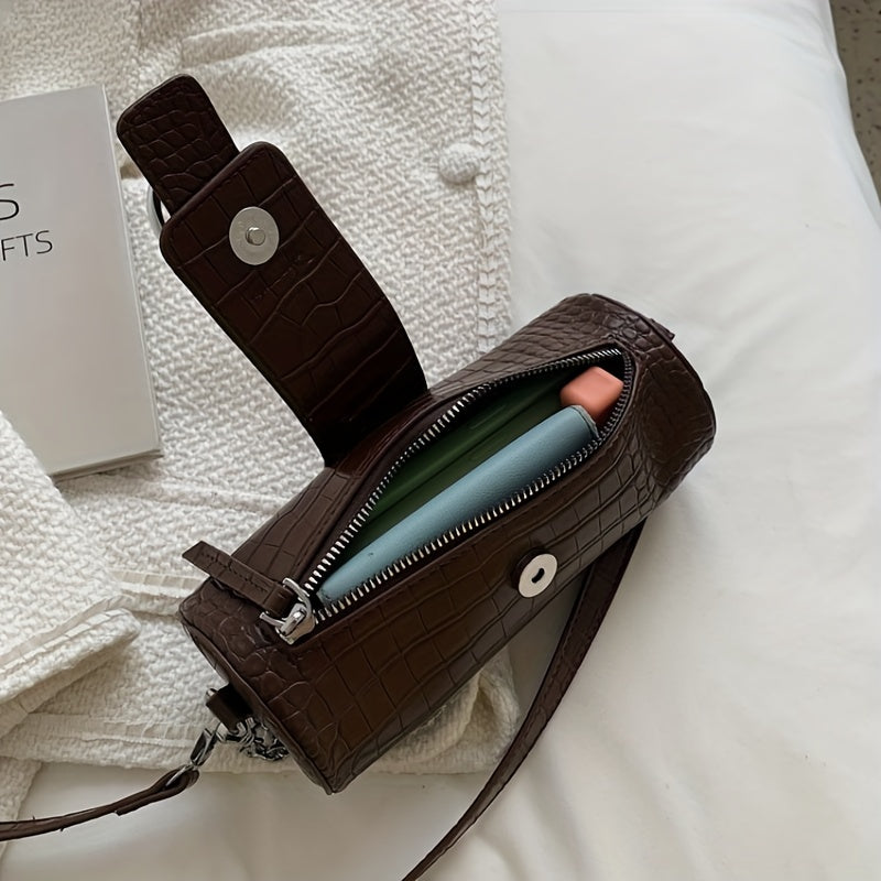 クロコ型押し バレル型 ショルダーバッグ｜レディース チェーン クロスボディバッグ｜シンプル パース