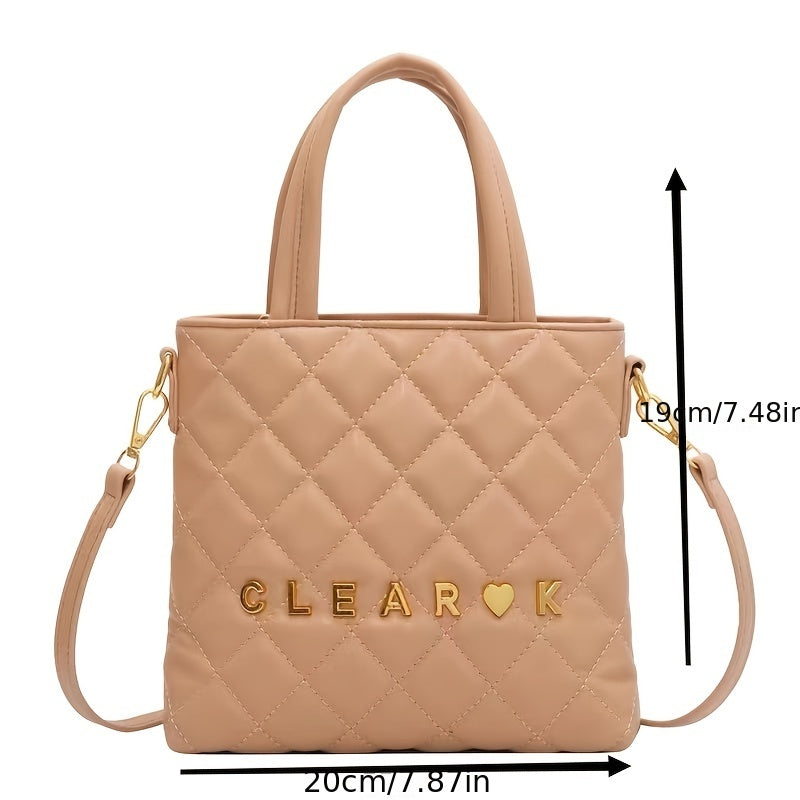 クラシック キルティング ショルダーバッグ｜メタルレター装飾 クロスボディバッグ｜レディース スタイリッシュ スクエア サッチェルバッグ