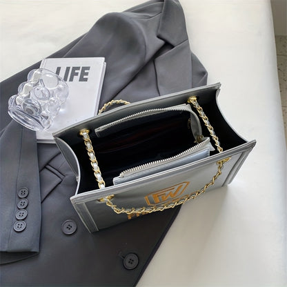 レターパターン スクエア ショルダーバッグ｜PUレザー ファスナー付き スリングバッグ｜大容量 カジュアル クロスボディバッグ