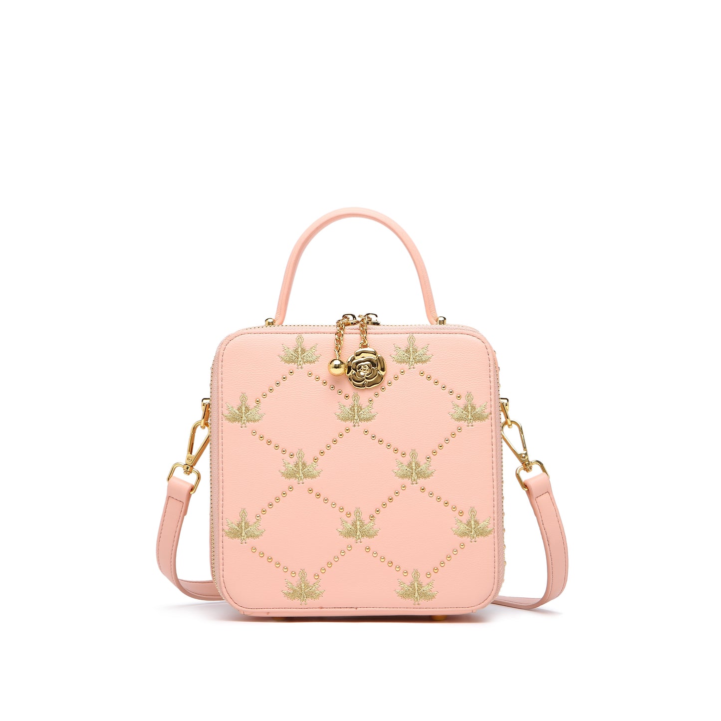 スタッズ ローズモチーフ ミニ ショルダーバッグ｜ファスナー付き ハンドル＆取り外し可能ストラップ｜アーガイル刺繍 エレガント クロスボディバッグ