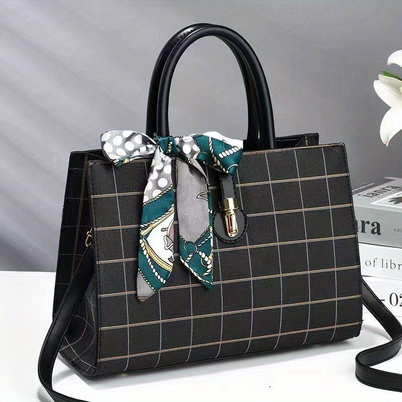 ウィンドウペーン柄 トートバッグ｜スカーフ装飾 サッチェル パース｜レディース 合成皮革 クロスボディバッグ