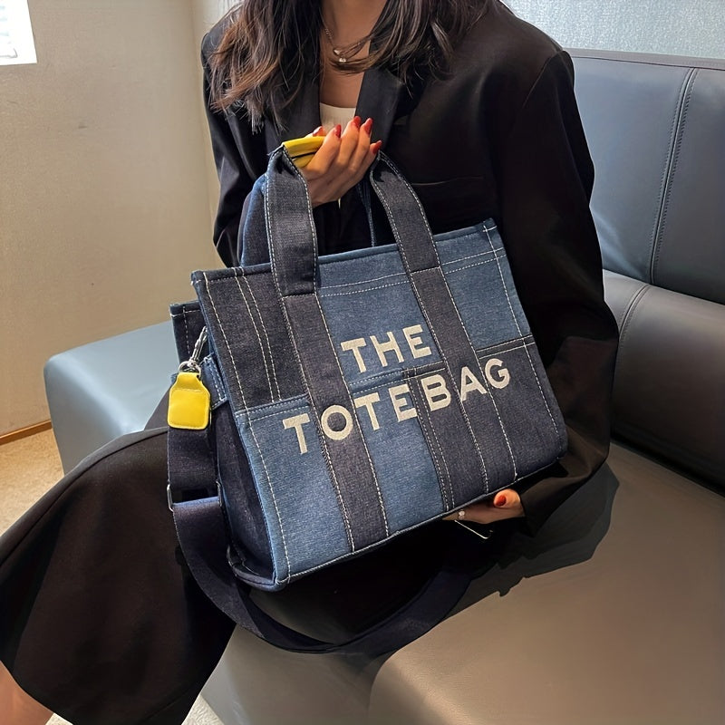 カラーブロック デニム トートショルダーバッグ｜軽量 シンプル レタープリント バッグ｜トレンド サッチェルバッグ