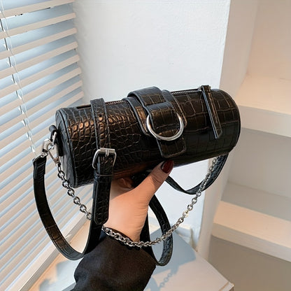 クロコ型押し バレル型 ショルダーバッグ｜レディース チェーン クロスボディバッグ｜シンプル パース
