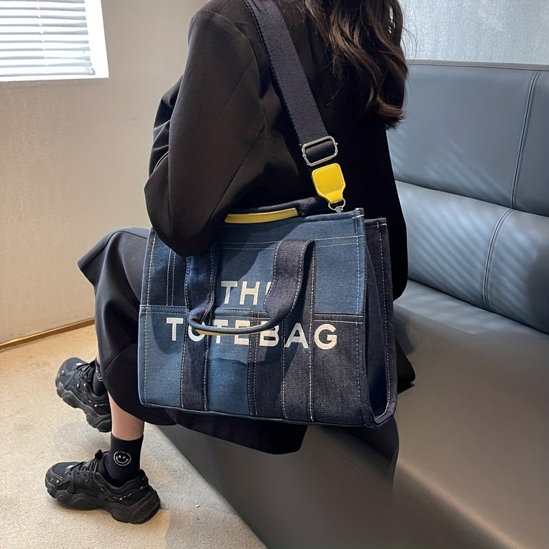 カラーブロック デニム トートショルダーバッグ｜軽量 シンプル レタープリント バッグ｜トレンド サッチェルバッグ