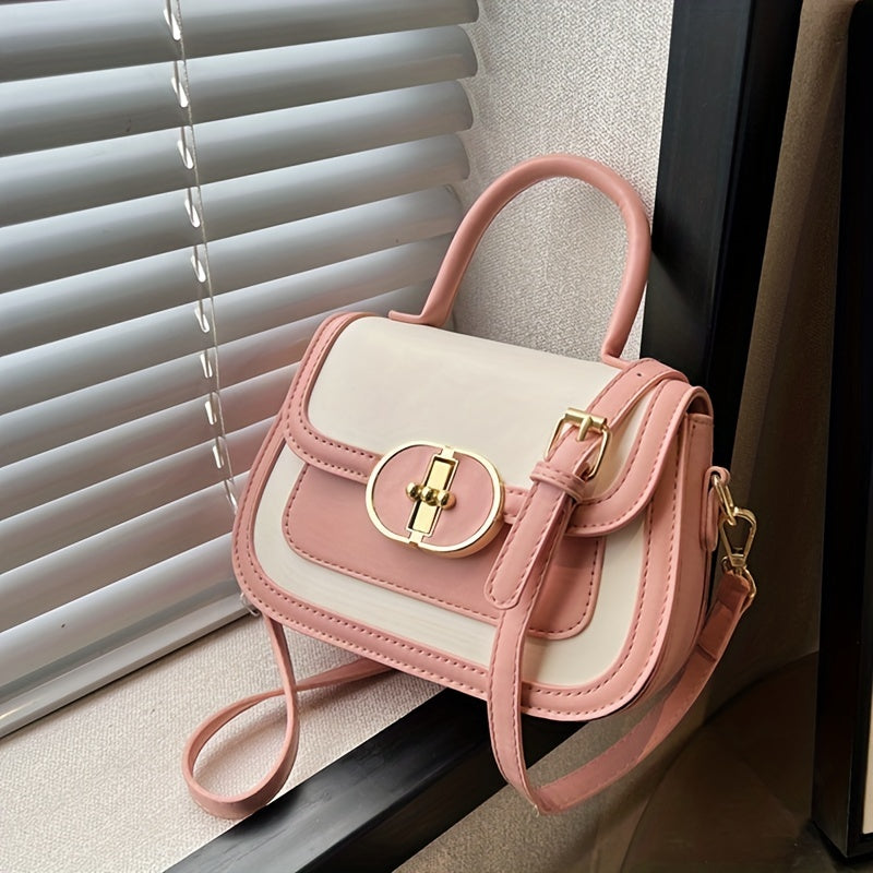 配色コントラスト ハンドバッグ｜スウィート バックル クロスボディバッグ｜レディース ミニ PUレザー フラップ パース