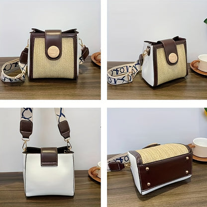 ストロー編み クロスボディバッグ｜幅広ストラップ ショルダーバッグ｜レインボーデザイン レディース バケットバッグ