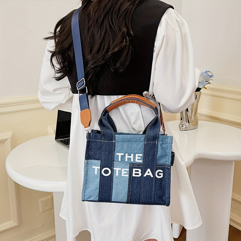 ステッチ入り デニム トートバッグ｜レタープリント クロスボディバッグ｜レディース トレンド 通勤 ハンドバッグ