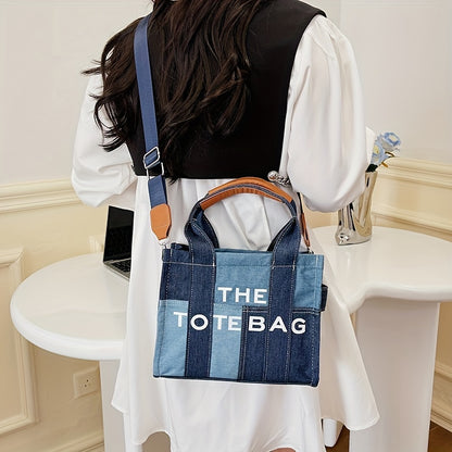 ステッチ入り デニム トートバッグ｜レタープリント クロスボディバッグ｜レディース トレンド 通勤 ハンドバッグ
