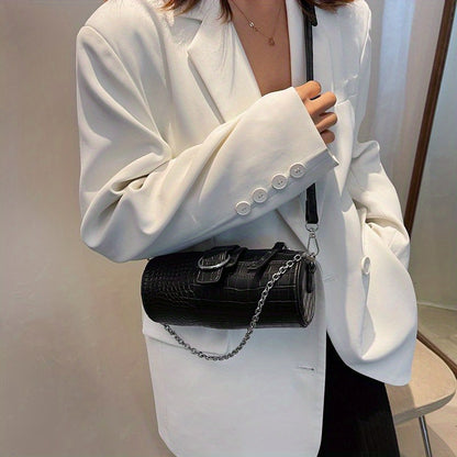 クロコ型押し バレル型 ショルダーバッグ｜レディース チェーン クロスボディバッグ｜シンプル パース