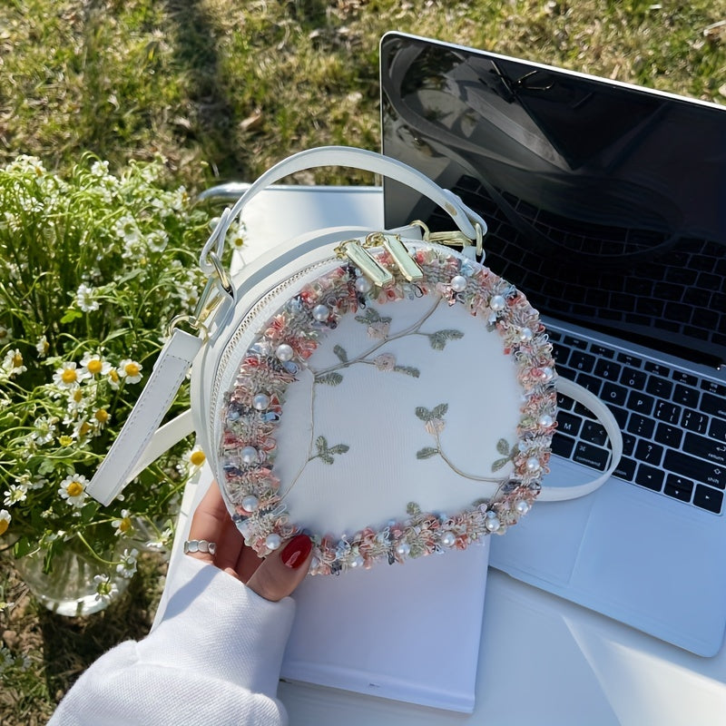 トレンド フラワー刺繍 ラウンドバッグ｜ビーズ装飾 サッチェルバッグ｜ファスナー付き スタイリッシュ ショルダーバッグ
