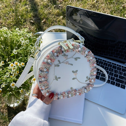 トレンド フラワー刺繍 ラウンドバッグ｜ビーズ装飾 サッチェルバッグ｜ファスナー付き スタイリッシュ ショルダーバッグ