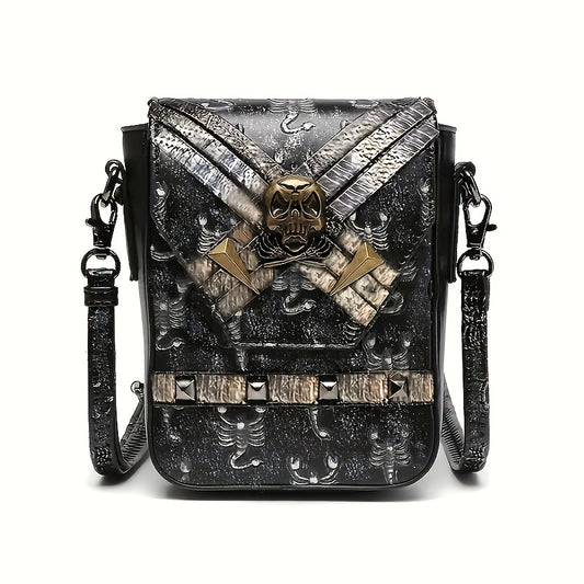 ミニ スチームパンク 型押し クロスボディバッグ｜ハロウィン スカル フラップ パース｜ゴシック PUレザー スマホバッグ