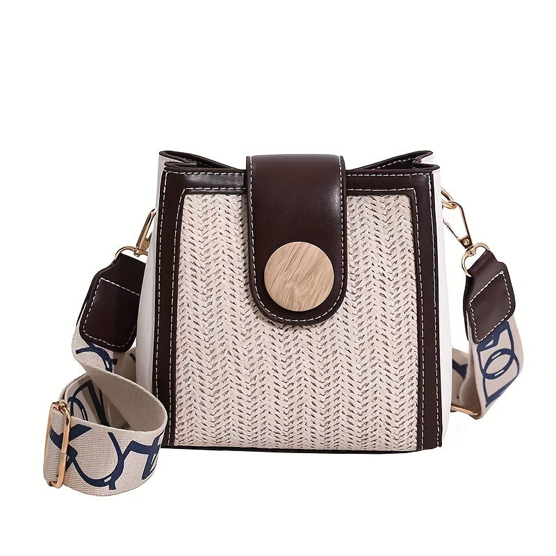 ストロー編み クロスボディバッグ｜幅広ストラップ ショルダーバッグ｜レインボーデザイン レディース バケットバッグ