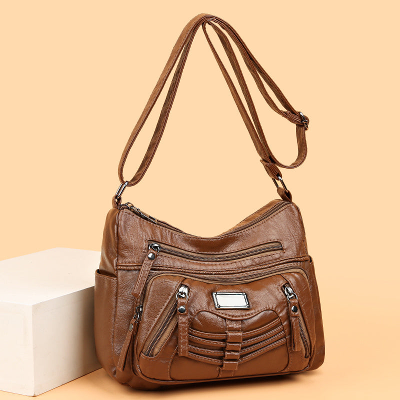 パッチ装飾 クロスボディバッグ｜レディース ソフト PUレザー ショルダーバッグ｜大容量 マルチファスナー パース