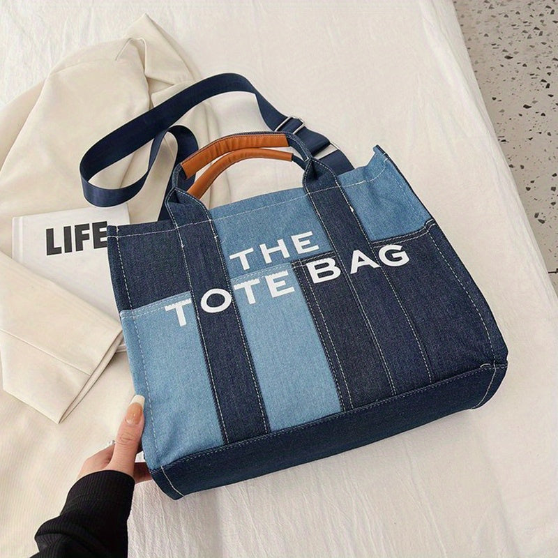 カラーブロック デニム トートショルダーバッグ｜軽量 シンプル レタープリント バッグ｜トレンド サッチェルバッグ