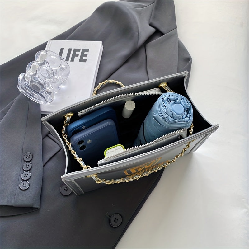 レターパターン スクエア ショルダーバッグ｜PUレザー ファスナー付き スリングバッグ｜大容量 カジュアル クロスボディバッグ