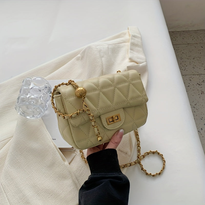 アーガイル キルティング チェーン クロスボディバッグ｜ミニ ターンロック ショルダーバッグ｜レディース 合成皮革 フラップ パース