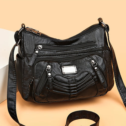 パッチ装飾 クロスボディバッグ｜レディース ソフト PUレザー ショルダーバッグ｜大容量 マルチファスナー パース