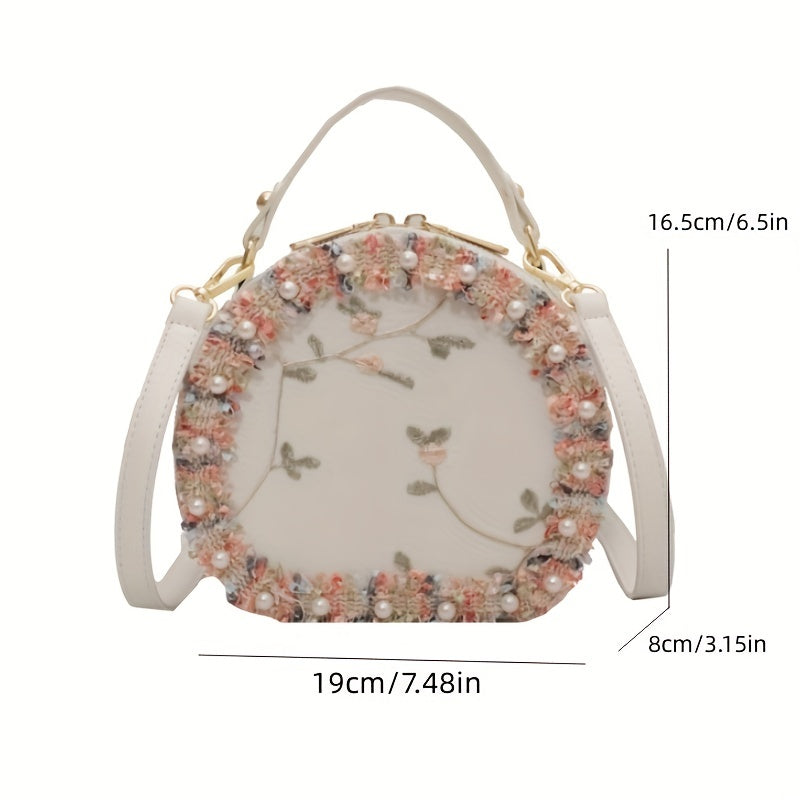 トレンド フラワー刺繍 ラウンドバッグ｜ビーズ装飾 サッチェルバッグ｜ファスナー付き スタイリッシュ ショルダーバッグ