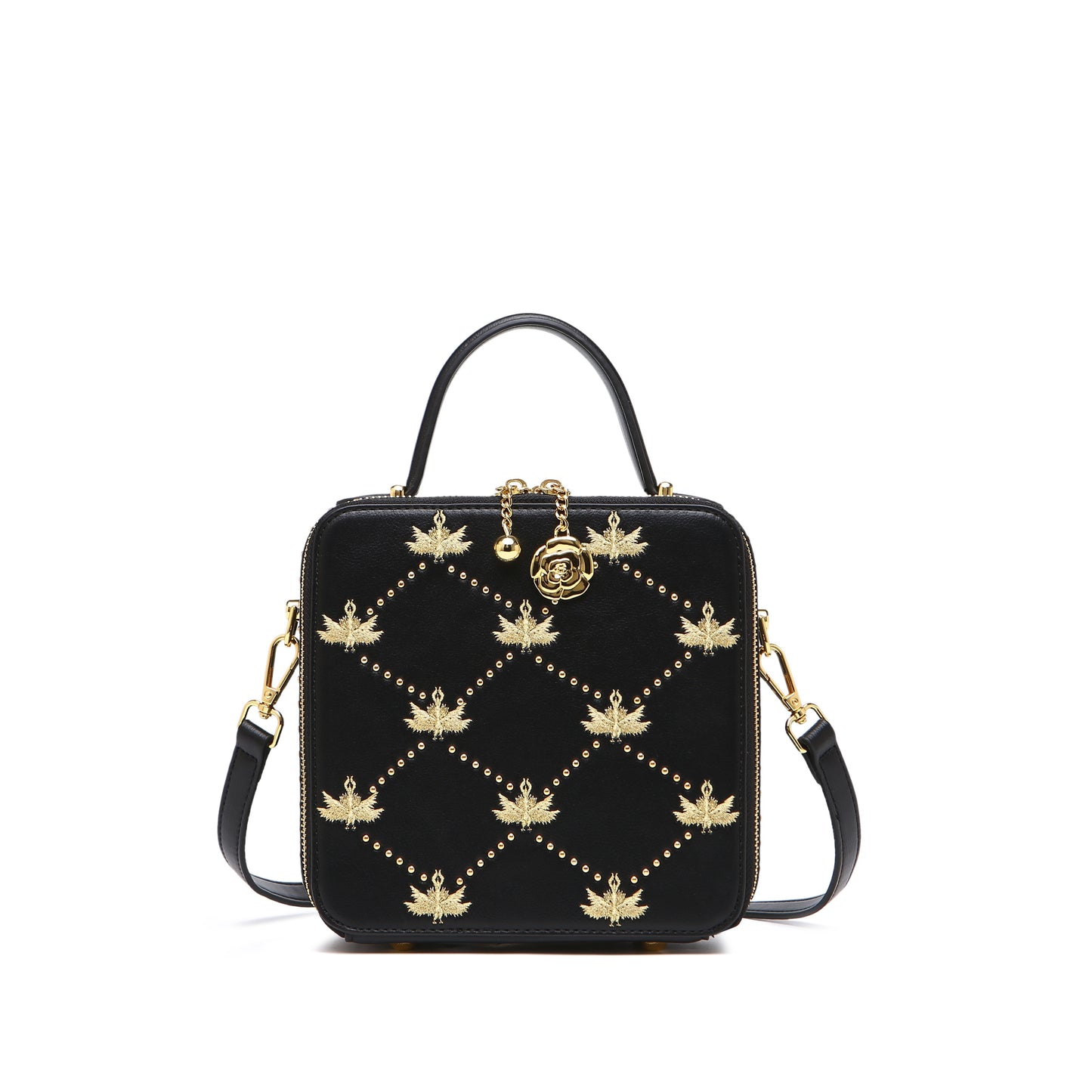 スタッズ ローズモチーフ ミニ ショルダーバッグ｜ファスナー付き ハンドル＆取り外し可能ストラップ｜アーガイル刺繍 エレガント クロスボディバッグ