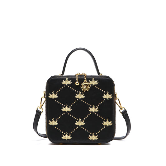 スタッズ ローズモチーフ ミニ ショルダーバッグ｜ファスナー付き ハンドル＆取り外し可能ストラップ｜アーガイル刺繍 エレガント クロスボディバッグ