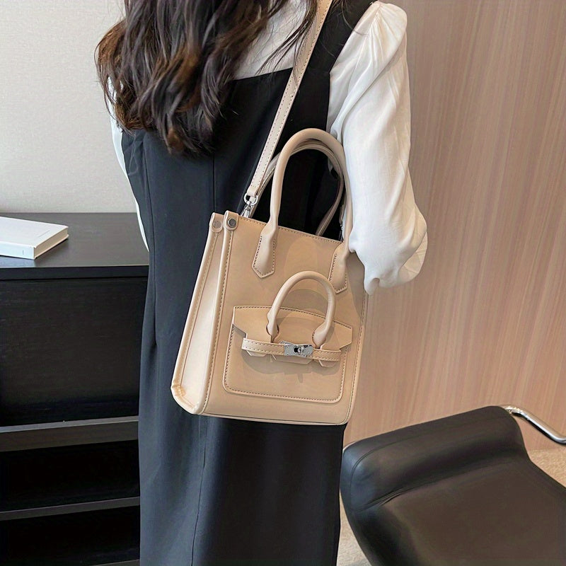 ニッチデザイン スクエア ショルダーバッグ｜無地 オールマッチ サッチェルバッグ｜レディース ターンロックバッグ