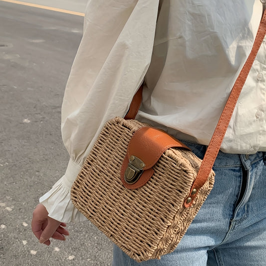 ラタン編み クロスボディバッグ｜カジュアル ストロー ビーチバッグ｜バックル装飾 レディース スクエア ボックスバッグ