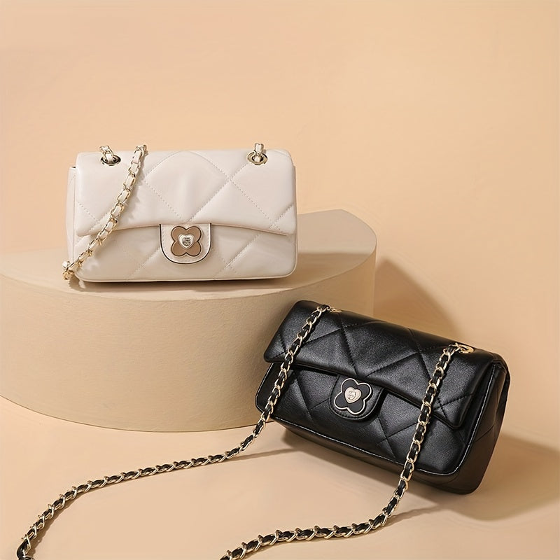 キルティング チェーン クロスボディバッグ｜メタルフラワー装飾 フラップ パース｜レディース レザー スクエア ショルダーバッグ