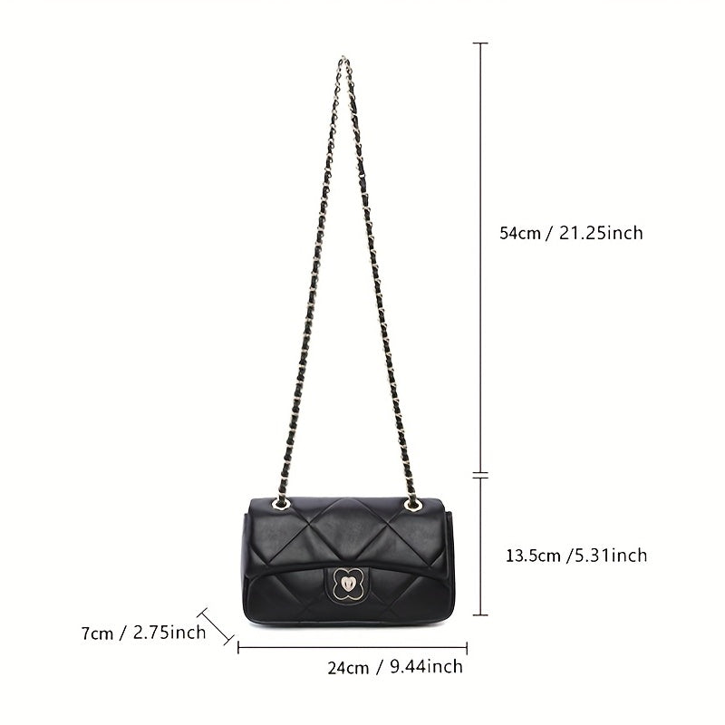 キルティング チェーン クロスボディバッグ｜メタルフラワー装飾 フラップ パース｜レディース レザー スクエア ショルダーバッグ