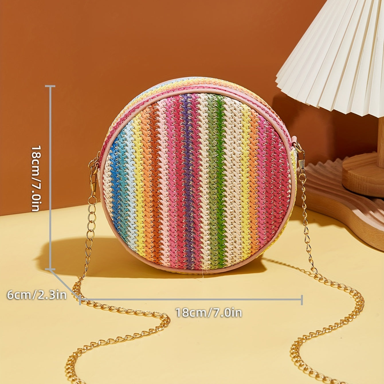 カラフル ストロー編み ラウンドバッグ｜ファッション チェーン クロスボディバッグ｜レインボーデザイン レディース ビーチバッグ