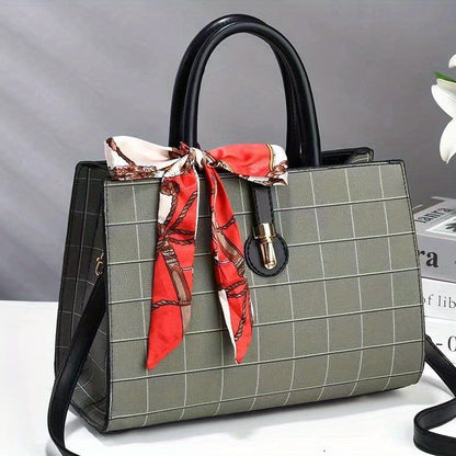 ウィンドウペーン柄 トートバッグ｜スカーフ装飾 サッチェル パース｜レディース 合成皮革 クロスボディバッグ