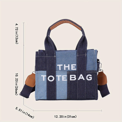 ステッチ入り デニム トートバッグ｜レタープリント クロスボディバッグ｜レディース トレンド 通勤 ハンドバッグ