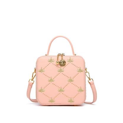 スタッズ ローズモチーフ ミニ ショルダーバッグ｜ファスナー付き ハンドル＆取り外し可能ストラップ｜アーガイル刺繍 エレガント クロスボディバッグ