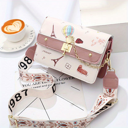 カートゥーン柄 スクエア ショルダーバッグ｜スタイリッシュ 配色デザイン バッグ｜オールマッチ クロスボディバッグ