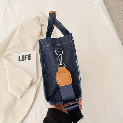 ステッチ入り デニム トートバッグ｜レタープリント クロスボディバッグ｜レディース トレンド 通勤 ハンドバッグ