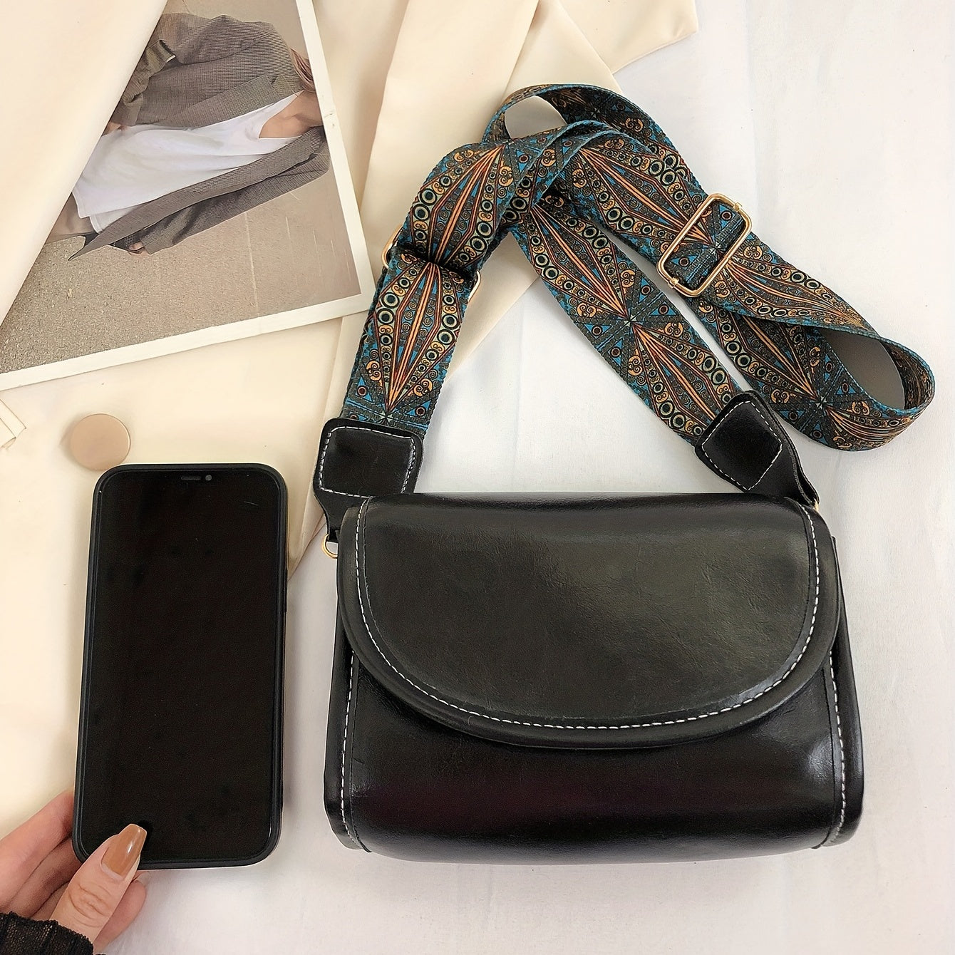 レディース ヴィンテージ クロスボディバッグ｜ミニ フラップ スクエア パース｜エスニック柄 ストラップ ショルダーバッグ