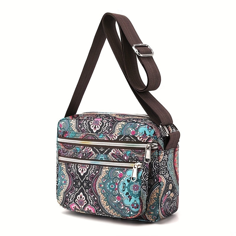 ヴィンテージ柄 スクエア ショルダーバッグ｜レディース ファスナー付き クロスボディバッグ｜通勤・旅行用 クラシックバッグ