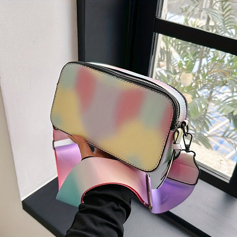 タイダイ レインボーカラー ファスナー ショルダーバッグ｜ダブルファスナー クロスボディバッグ｜長さ調節可能 ストラップ付き