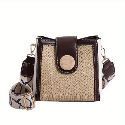 ストロー編み クロスボディバッグ｜幅広ストラップ ショルダーバッグ｜レインボーデザイン レディース バケットバッグ