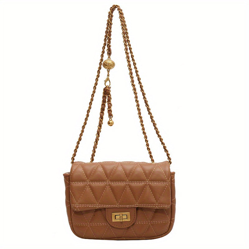 アーガイル キルティング チェーン クロスボディバッグ｜ミニ ターンロック ショルダーバッグ｜レディース 合成皮革 フラップ パース