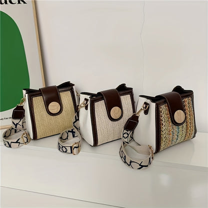 ストロー編み クロスボディバッグ｜幅広ストラップ ショルダーバッグ｜レインボーデザイン レディース バケットバッグ