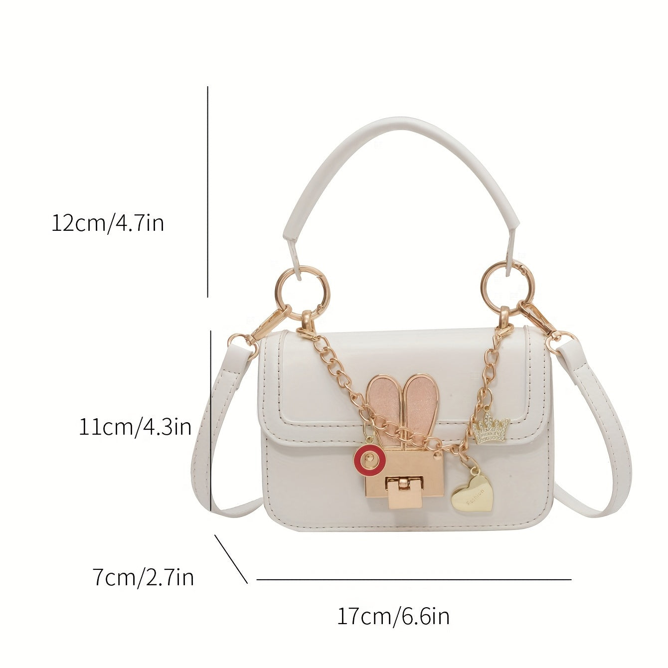 ミニ Y2K クロスボディバッグ｜メタル バニー装飾 ハンドバッグ｜ハートチェーン フラップ スクエア パース レディース