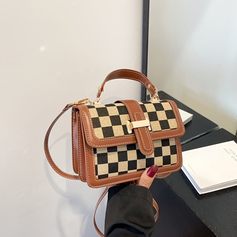 チェック柄 スクエア ハンドバッグ｜バックル装飾 ショルダーバッグ｜レディース フラップ パース