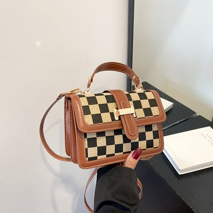チェック柄 スクエア ハンドバッグ｜バックル装飾 ショルダーバッグ｜レディース フラップ パース
