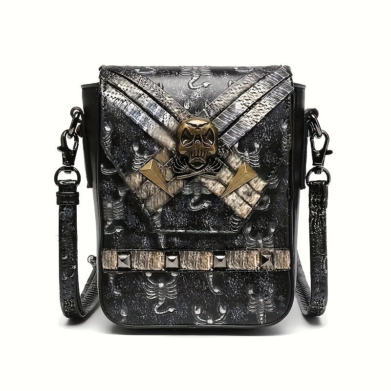 ミニ スチームパンク 型押し クロスボディバッグ｜ハロウィン スカル フラップ パース｜ゴシック PUレザー スマホバッグ