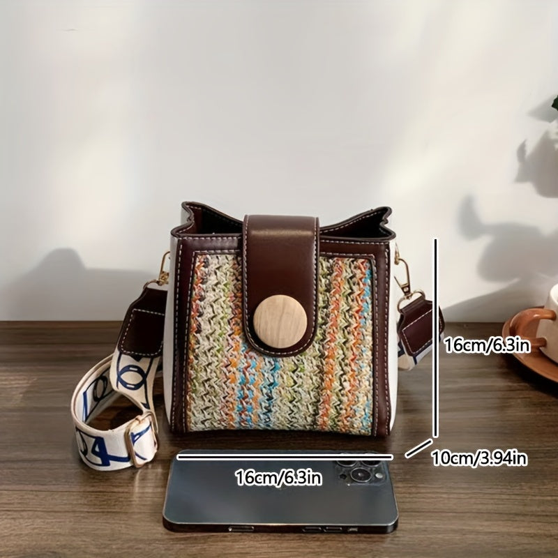 ストロー編み クロスボディバッグ｜幅広ストラップ ショルダーバッグ｜レインボーデザイン レディース バケットバッグ